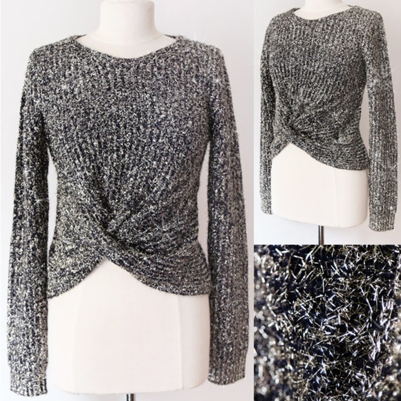 Endless Rose Sweaters - Super Sparkly Twist Knot Front Rib Knit Sweater
